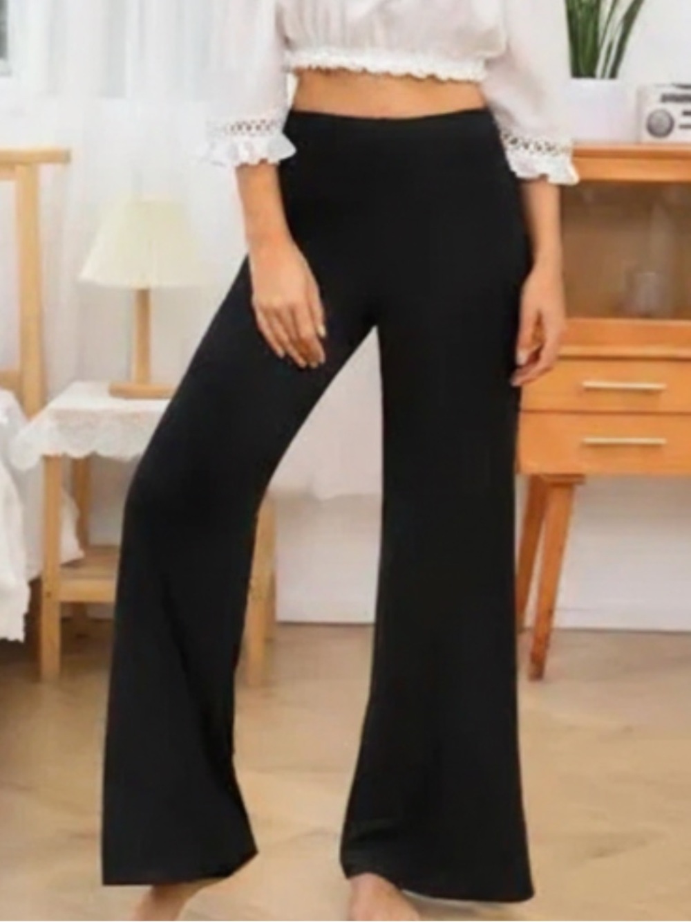 DONNA Black Ribbed Plush Velvet Wide Leg Pants High Rise Medium Made in Canada